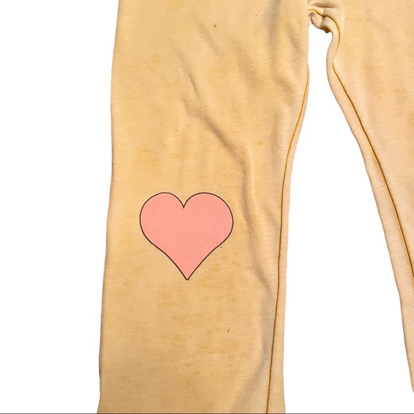 Wildfox Yellow Jogger Sweatpants with Hearts at Knees. - Picture 3 of 8